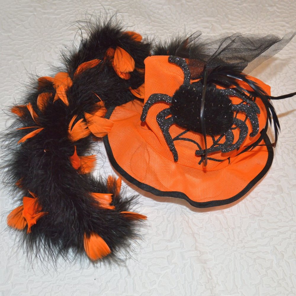 4/$20 Halloween Orange and Black Spider Top Hat with matching Feather Boa